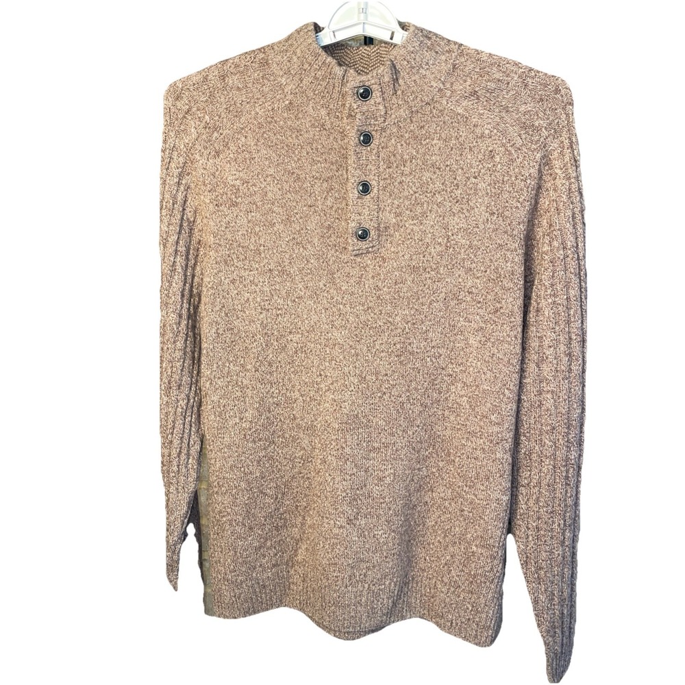 Jos A Bank Mock Neck Button Placket Sweater Wool Ribbed Sleeves‎ Brown XL